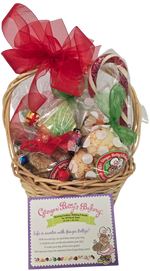 Ginger Butter Bakery gift basket with cookies, candy, and a red bow on a white background